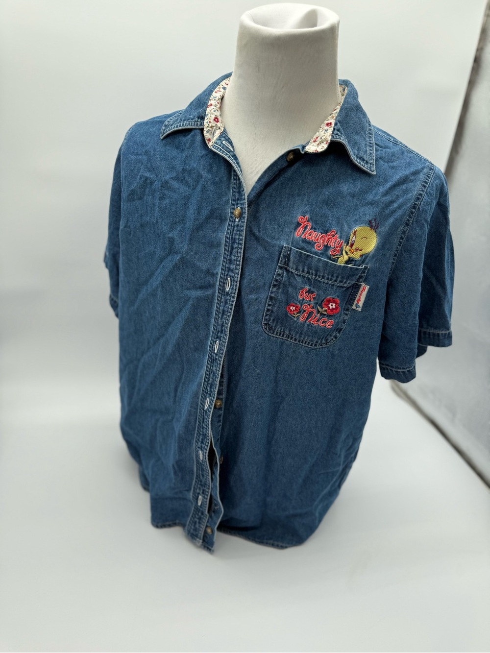 Vintage Y2K Looney Tunes Tweety Bird Denim Shirt Embroidered Naughty Nice 90s 2X - Picture 11 of 16